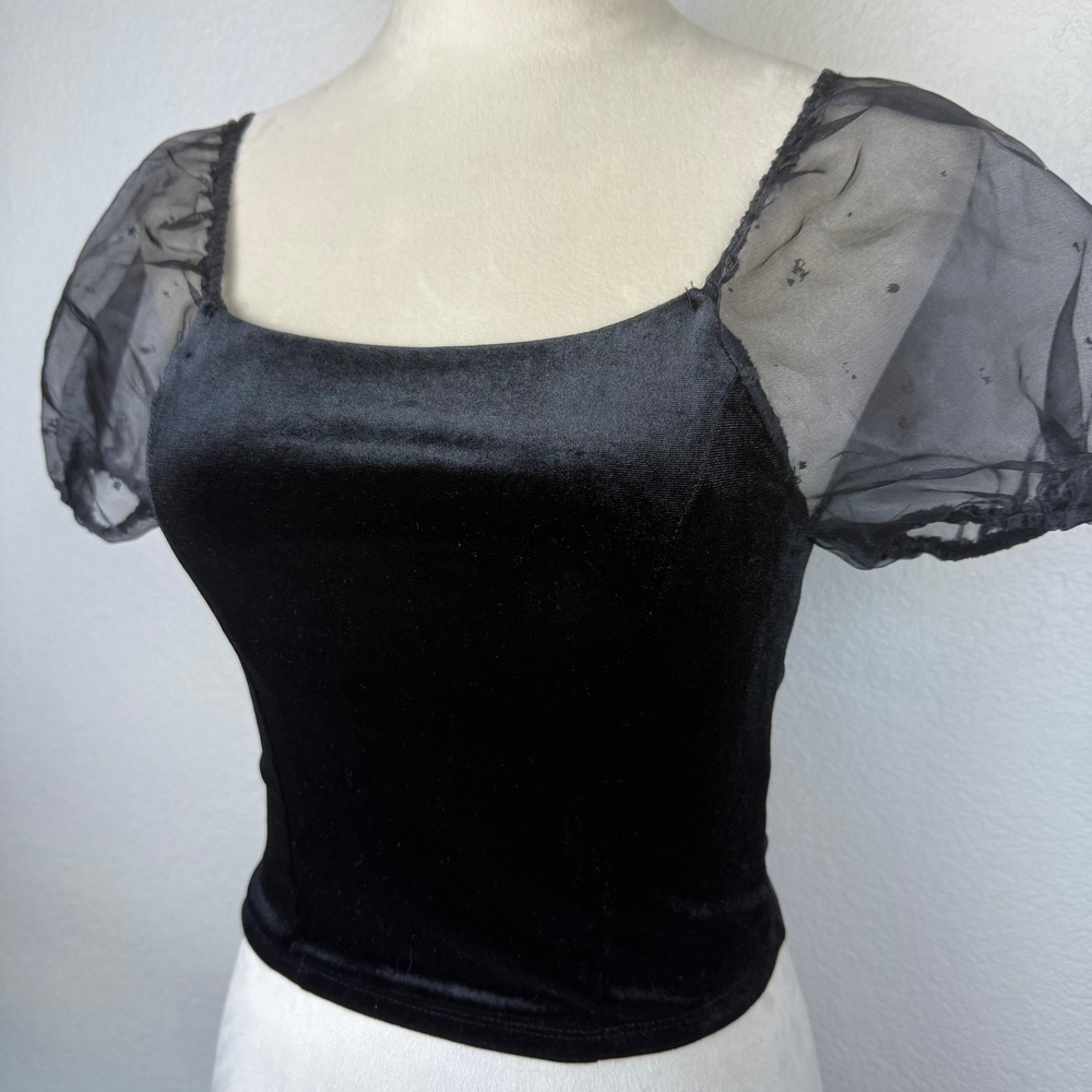 Lilt‎ Black Velvet Velour Square Neck Puff Dot Sleeve Mesh Top Size Chic Preppy